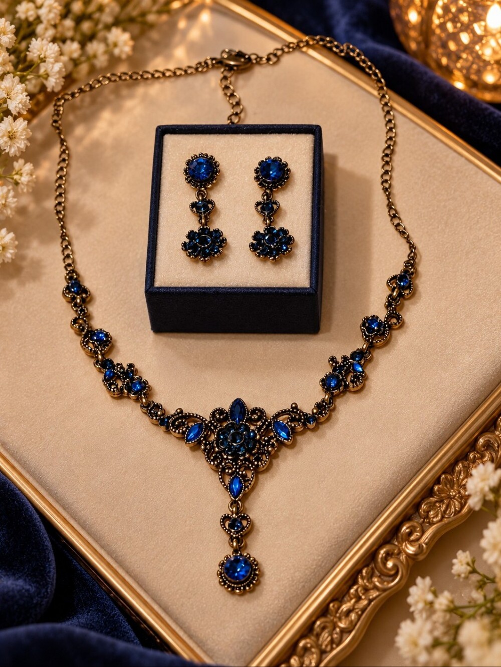 Vintage-Inspired Gold Tone Necklace & Earring Set in Deep Blue